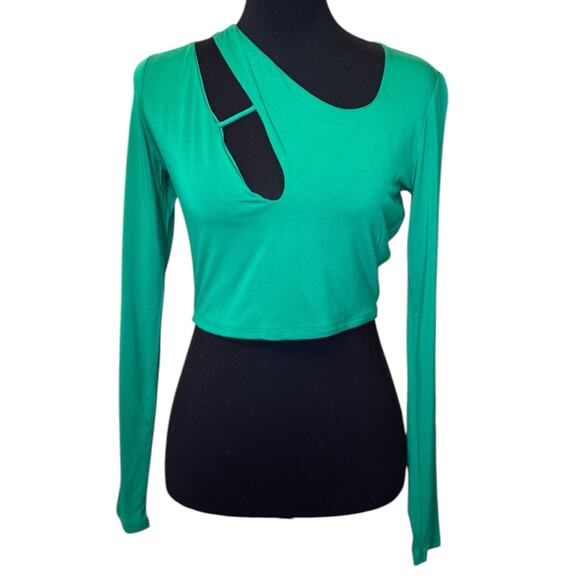 New ~ NAKED WARDROBE ~ Women's Green Long Sleeve Cropped Blouse Top Size L - Picture 1 of 4